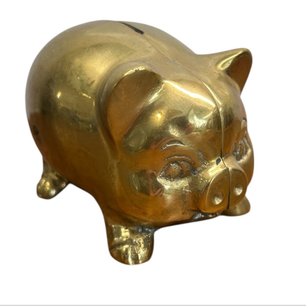 Vintage Solid Brass Gold Coloured Piggy Coin Bank In Original Condition